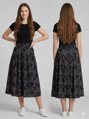 Universal Thread Linen Blend Floral Midi Skirt Black White Paperbag Waist S